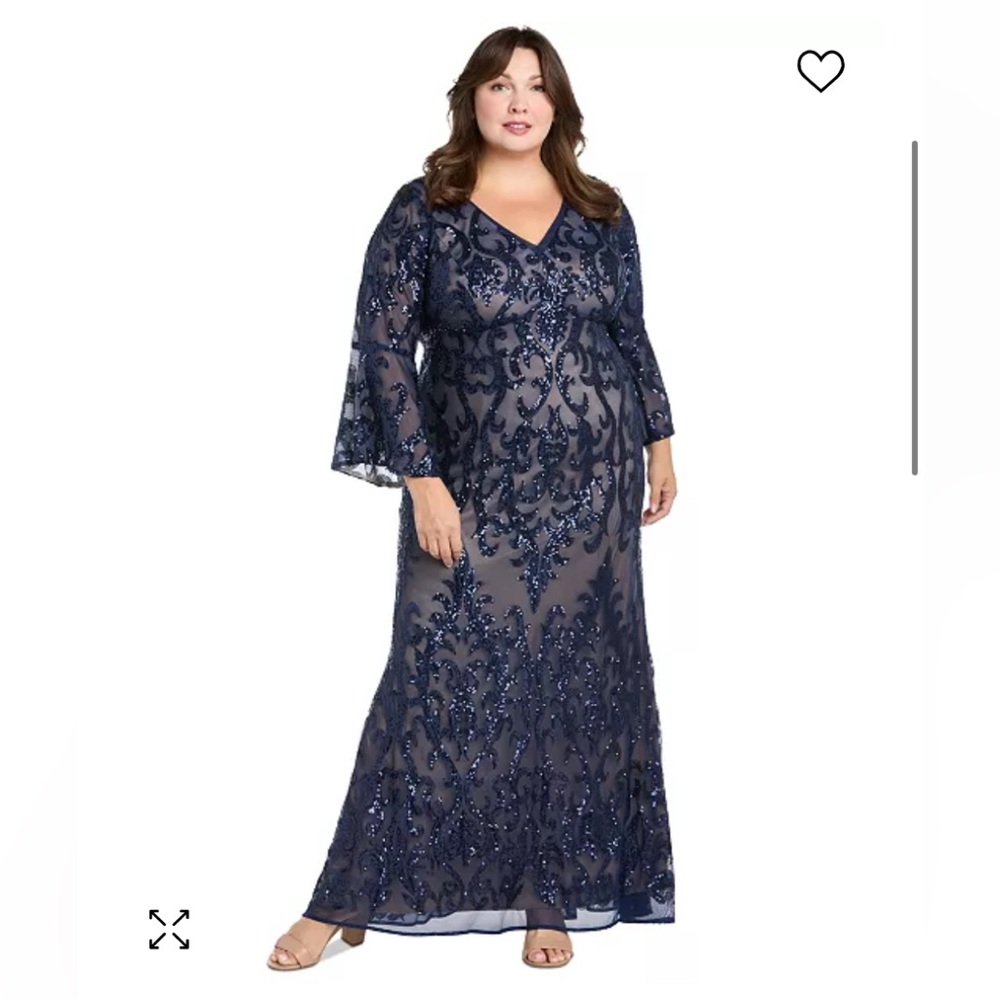 Women's V-Neck Bell-Sleeve Sequin Dress - Size14W Navy